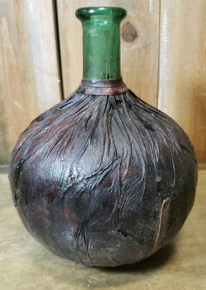 Vintage Leather Wrapped Wine Decanter Made in Italy Green Glass 8&Prime; Tall