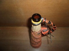 16  » Vintage Wine Bottle, Glass Wrapped -w- Woven Plastic Cord -w- Handle Red 1