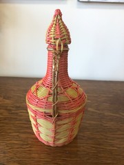 Vintage Plastic Wicker Wrapped Decanter Jug W/ Lid Neon Gimp Retro