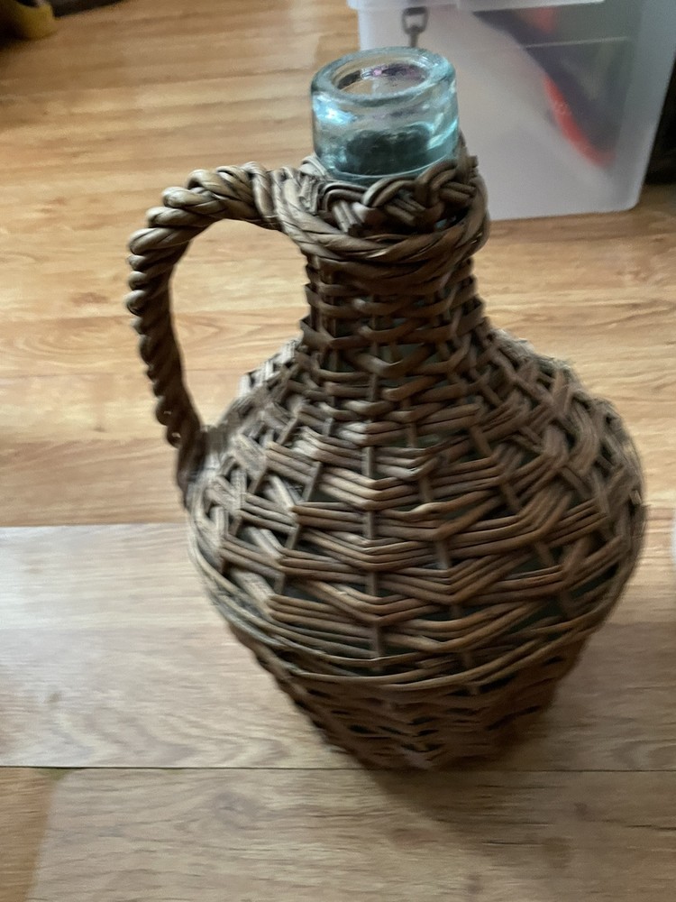 Large Antique French Wicker Enclosed Demijohn 15” With Handle