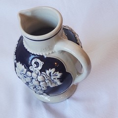 German Stoneware Bernkastel-Kues Wine Jug Cobalt Blue & White 6 Inch Tall