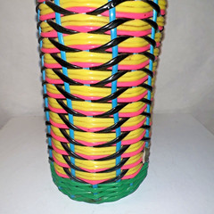 Vintage Viresa Plastic Wicker Wrapped Wine Bottle Boho Chic Spain colorful 15&Prime; H