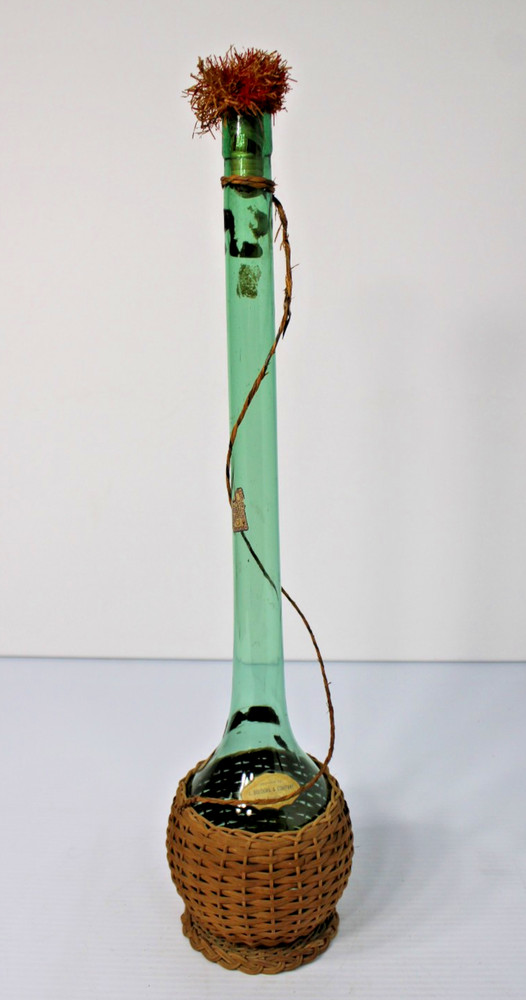 Vintage 21&Prime;H Green Glass Demijohn Carafe in Raffia, New Orleans Import Label