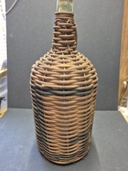 Vintage Rustic Large Wicker Demijohn 16” Green Bottle W/ Partial Cork.