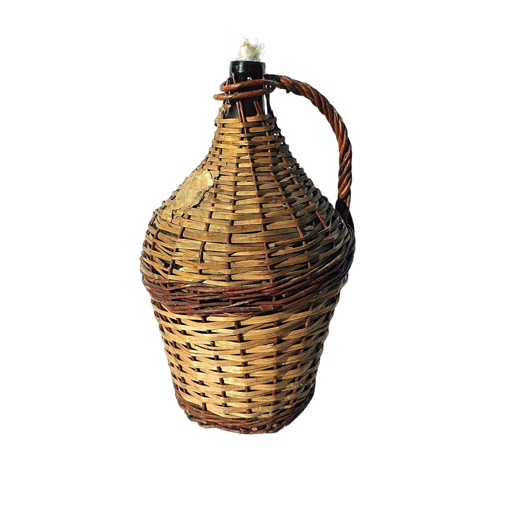 Antique Large Demijohn Wine Jug Green Glass Partial Label 18&Prime; Wicker Damage
