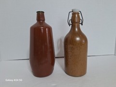 Vintage Stoneware Beer Bottle & Lancers Portugal Wine Bottle Painted Glass