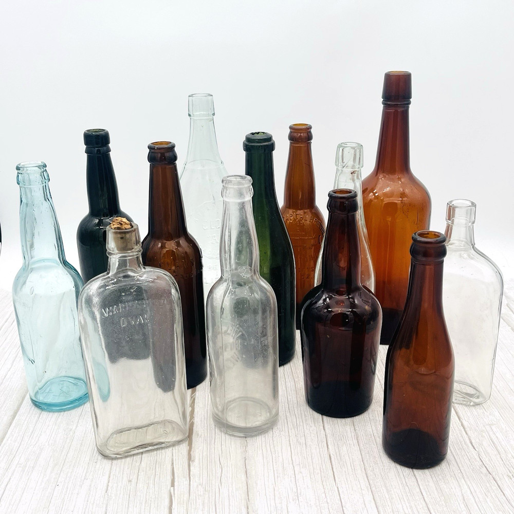 Lot of 13 Atq Vtg Colored Green Clear Amber Wine Beer Booze Bottles Decor