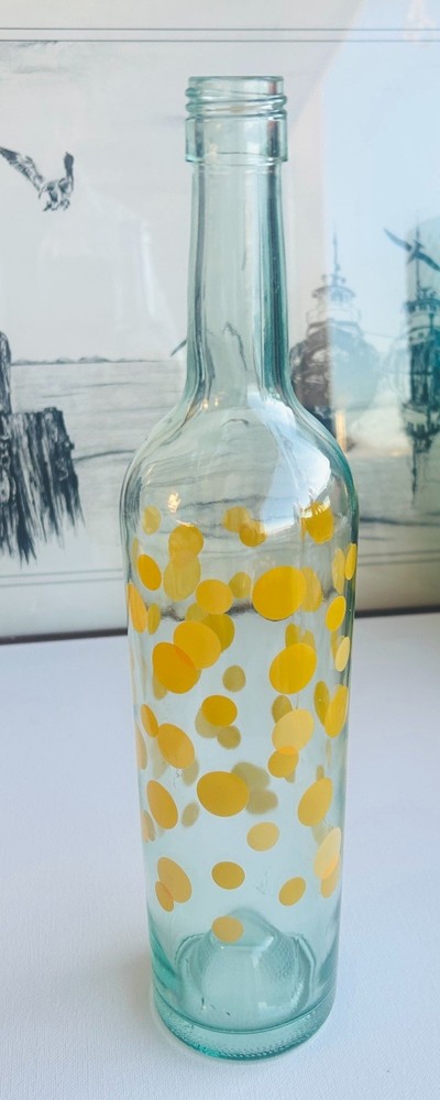 Vintage Mod Dot Yellow Polka Dot Blue Tinted Wine Bottle 750ml 12.5” MCM