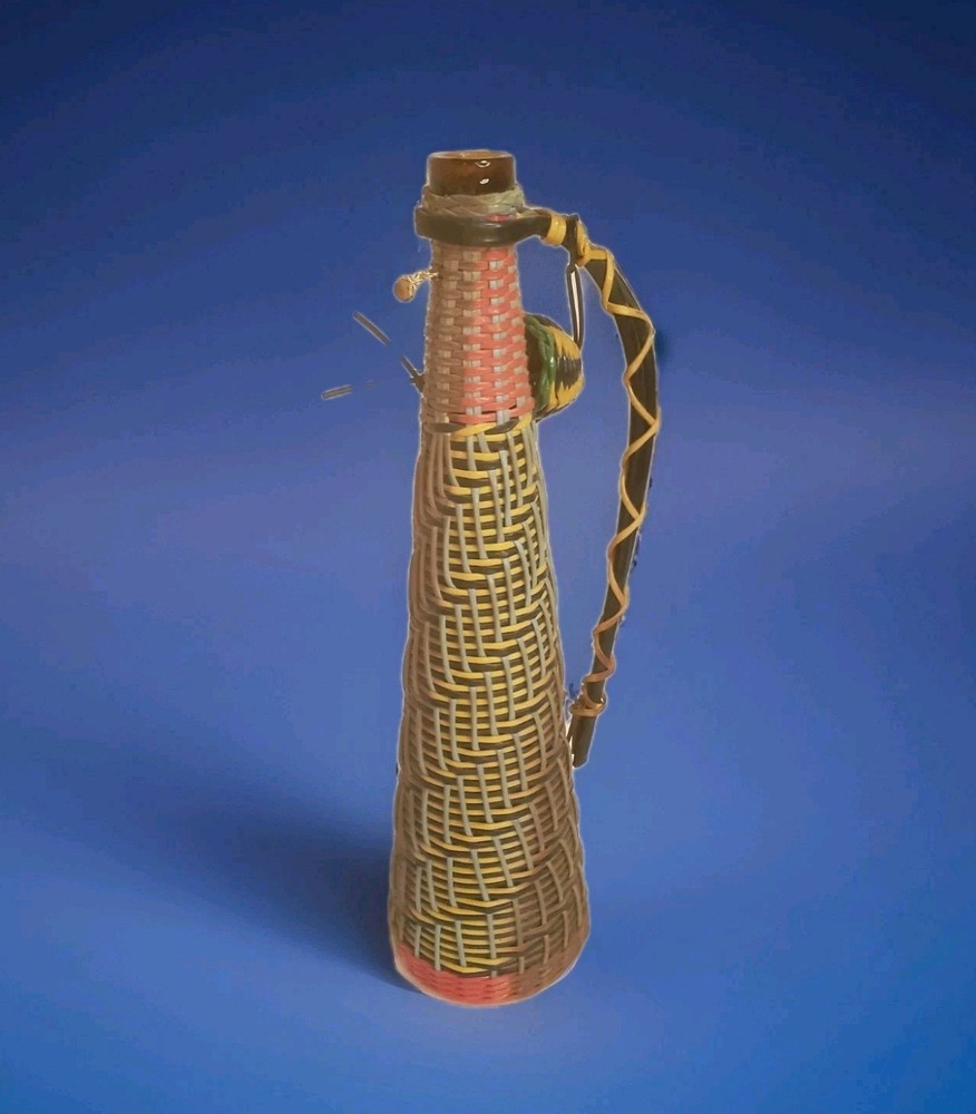 Wicker Scoubidou Wrapped Wine Bottle Boho Barware Mid Century Spain 15.5&Prime; Tall