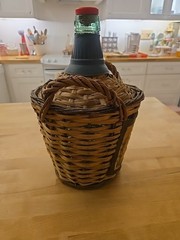 VINTAGE MARQUES De OLIVAR 1964 GREEN GLASS DEMIJOHN WINE BOTTLE w/HANDLES