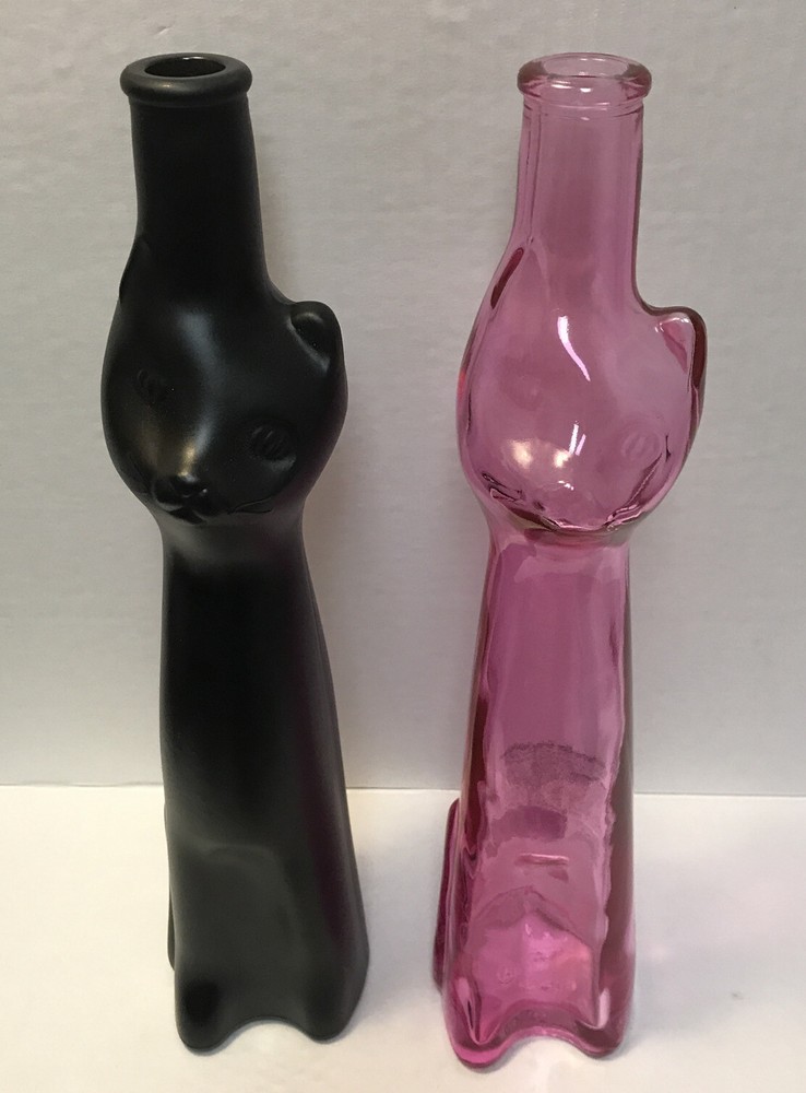 2 Lot Happy Cat Clear Pink Black Tall Glass Bottle Vase Wine Product Germany 13”