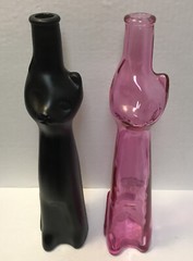 2 Lot Happy Cat Clear Pink Black Tall Glass Bottle Vase Wine Product Germany 13”