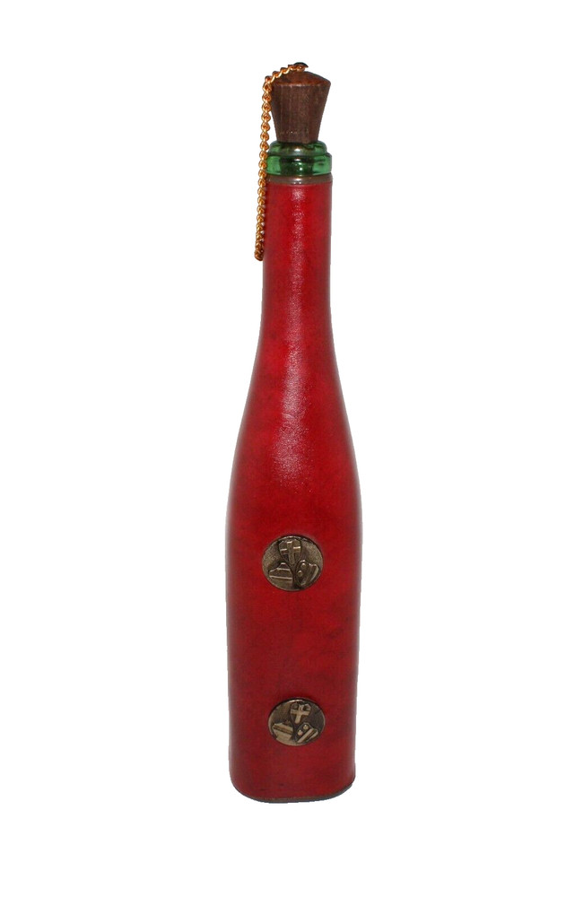 VTG MCM Wrapped Wine Bottle w/ Cork Medallion Red Vinyl Green Glass Empty 15.5&Prime;