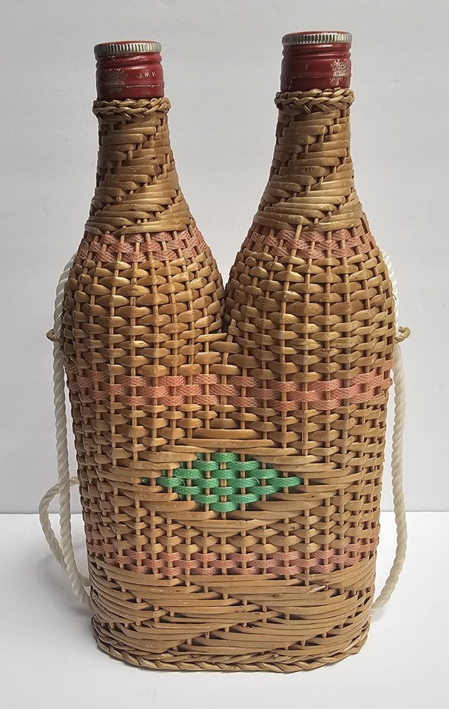 Vintage Double Wine Woven Wicker Demijohn Style, Wine Bottles Empty