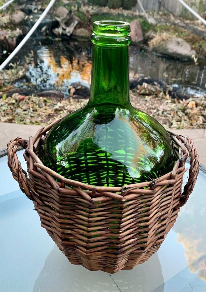 Vintage Emerald Green Glass Demijohn Wine Bottle in Wicker Basket Glass Carboy