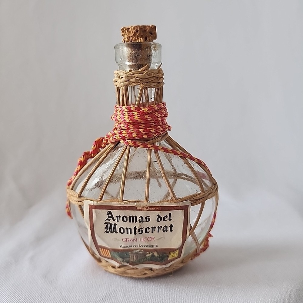 Vintage Aromas del Montserrat Wicker Wrapped Empty Bottle Spain 4.5&Prime;