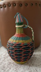 Vintage Spain Wine Bottle Plastic Woven Wicker Handle Empty Boho