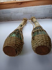 Pair Of Vintage Glass Wine Bottles Wrapped With Wicker. Great Condition 17&Prime;