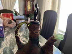 VTG Italian Green Glass Leather Wrapped Decanter Wine Bottle Galleon 12 in