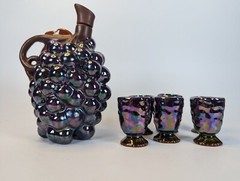 1940s Opalescent Grape Wine Decanter With Cork w 6 Tasting Cups MCM Complete Set