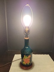 Wine Bottle Lamp Vintage Mogen David w/Star and Rose Decal Dark Bottle Wood Base