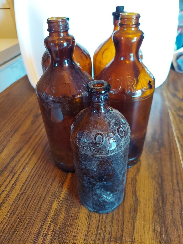 Clorox Vintage Glass Bottle, Brown Amber, One Small, 2 Medium Size And Two Large