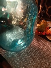Blue Demijohn Studio Blown Glass Large bottle Crackled Bottom Polished Pontil
