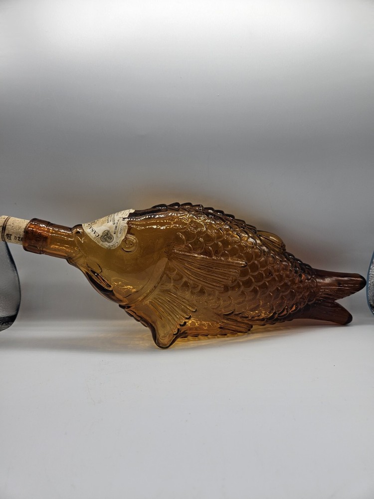 Vtg Amber Fish Wine Bottle With Original Label Augusto & F.lli Borghini Italy