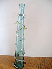 VINTAGE GREEN WINE BOTTLE / VASE Decorated w/Metal, Copper & Plastic Grapes