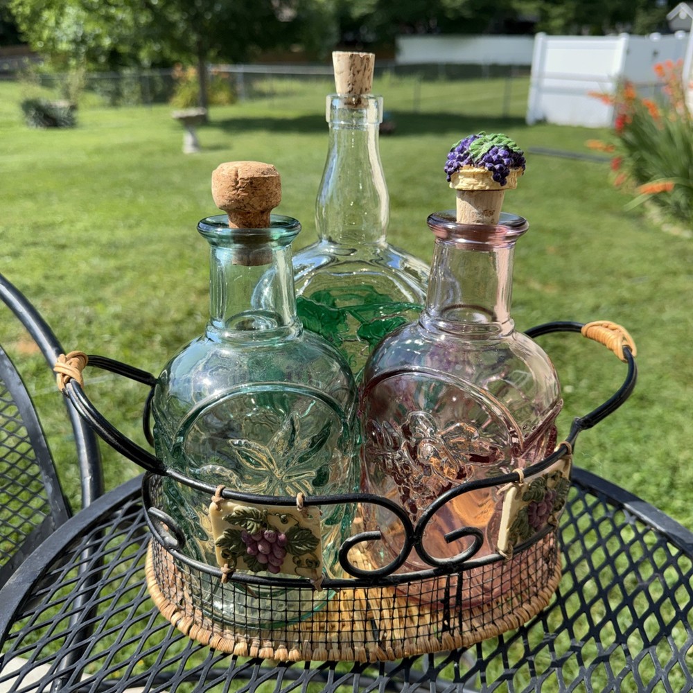 Set Of 3 Glass Embossed Grape Motif WINE Bottles With Basket Corks 7.75” To 9.5”