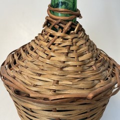 Vtg Wicker Wrapped Demijohn De Muller Spain Green Glass Wine Bottle 13” h x 9” w
