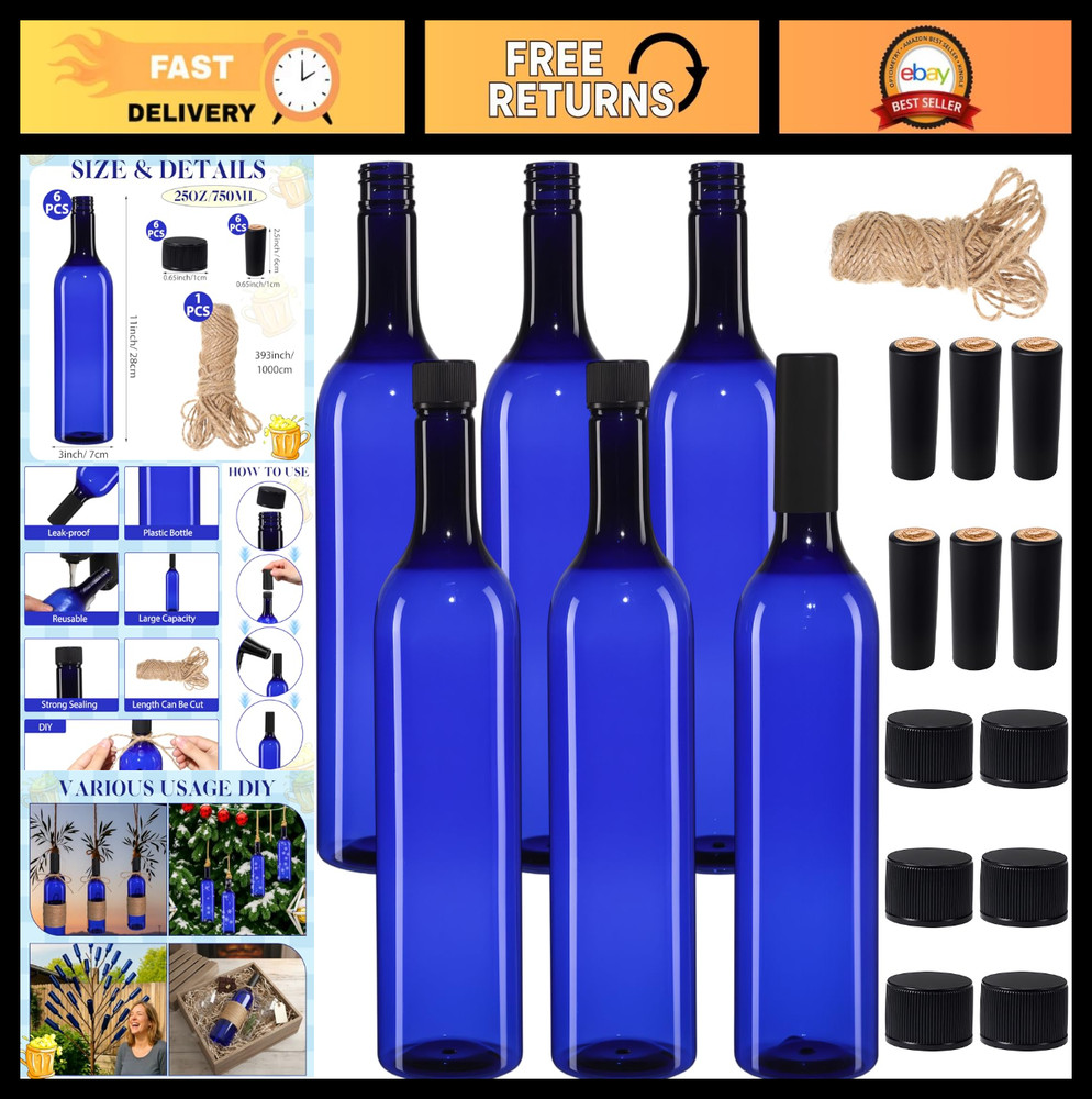 750ml Blue Plastic Wine Bottles – Empty Bordeaux Coquito with Screw Caps (6 Pack