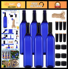 750ml Blue Plastic Wine Bottles – Empty Bordeaux Coquito with Screw Caps (6 Pack