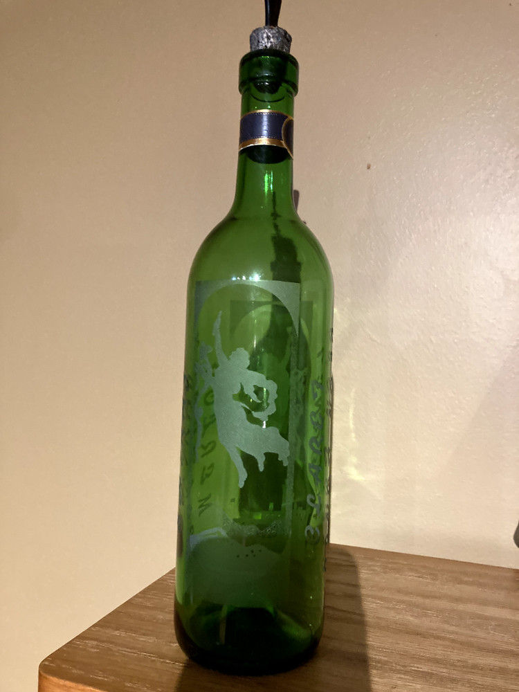 Beautiful Hand Etched Wine Bottle With City Skyline and Whimsical Figures