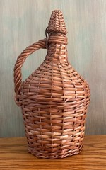 Antique Wicker Wrapped One Gal. Aqua Wine/Rum Demijohn Glass Jug w/ Cap