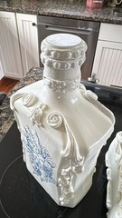 Vtg upcycle style French Country Glass Decanter Bottles White Blue Toile Decor