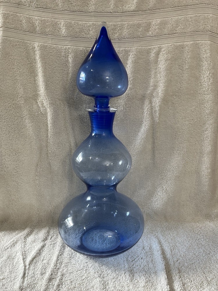 Vintage Blue Mid Century Beehive Bubble Pier One Glass Decanter W Flame Stopper
