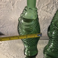 2 Vintage Decanter Fish Shaped Glass 13&Prime; & 10” Green Italian Wine Bottle 70s