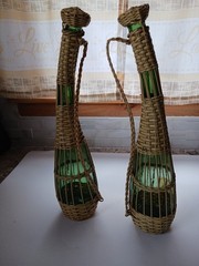 Pair Of Vintage Glass Wine Bottles Wrapped With Wicker. Great Condition 17&Prime;