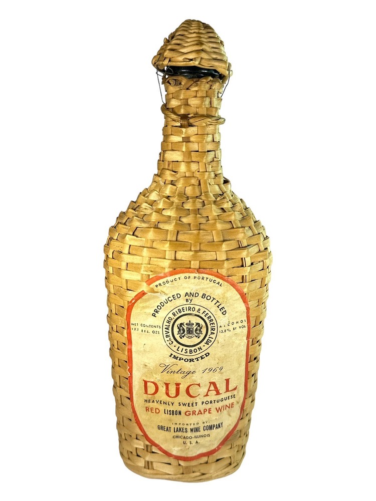 Vintage DUCAL 1969 Wicker Wrapped Portuguese Red Lisbon Grape Wine Bottle