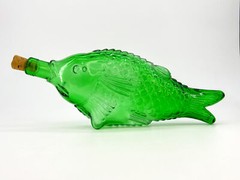 Vtg Green Fish-Shaped Collectible Wine Bottle Italy Self-Standing Original Cork