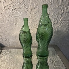 2 Vintage Decanter Fish Shaped Glass 13&Prime; & 10” Green Italian Wine Bottle 70s