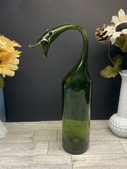 Vintage MCM Hand Blown Unique Goose Head Green Glass Round Bottom Wine Bottle