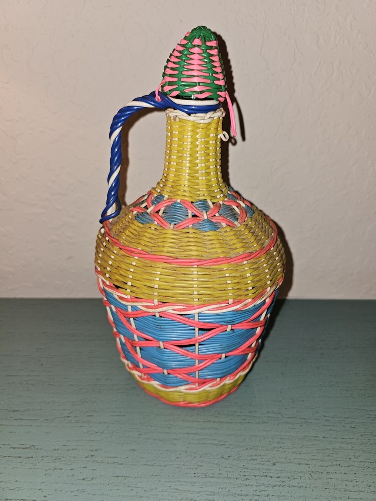 Vintage Mid Century Viresa Green Glass Bottle Woven With Rattan