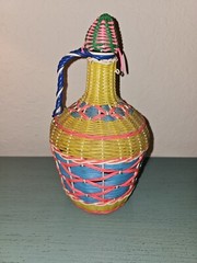 Vintage Mid Century Viresa Green Glass Bottle Woven With Rattan