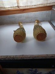 Pair Of Vintage Glass Wine Bottles Wrapped With Wicker. Great Condition 17&Prime;