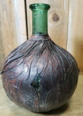 Vintage Leather Wrapped Wine Decanter Made in Italy Green Glass 8&Prime; Tall