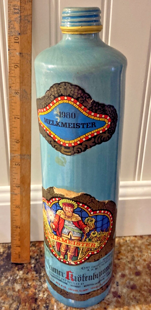 Vintage 1979 MELKMEISTER STONEWARE Wine BOTTLE Colorful Paper Labels