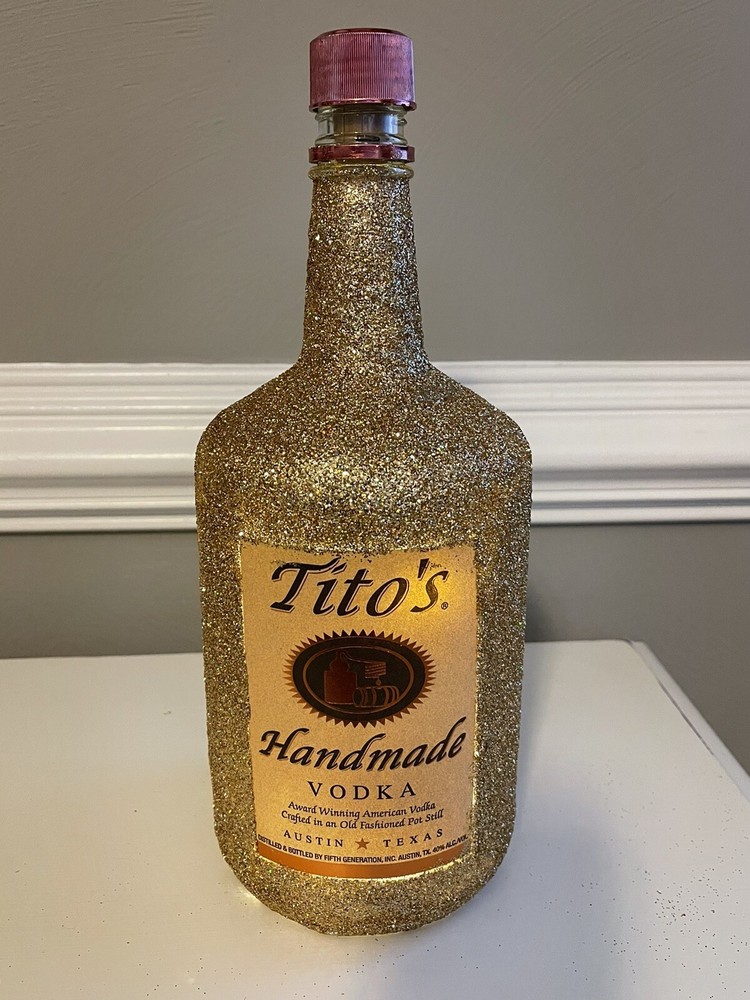 Large Empty Gold Glitter Tito’s Handle Liquor Bottle, White Lights