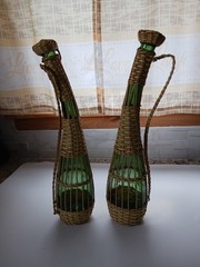 Pair Of Vintage Glass Wine Bottles Wrapped With Wicker. Great Condition 17&Prime;